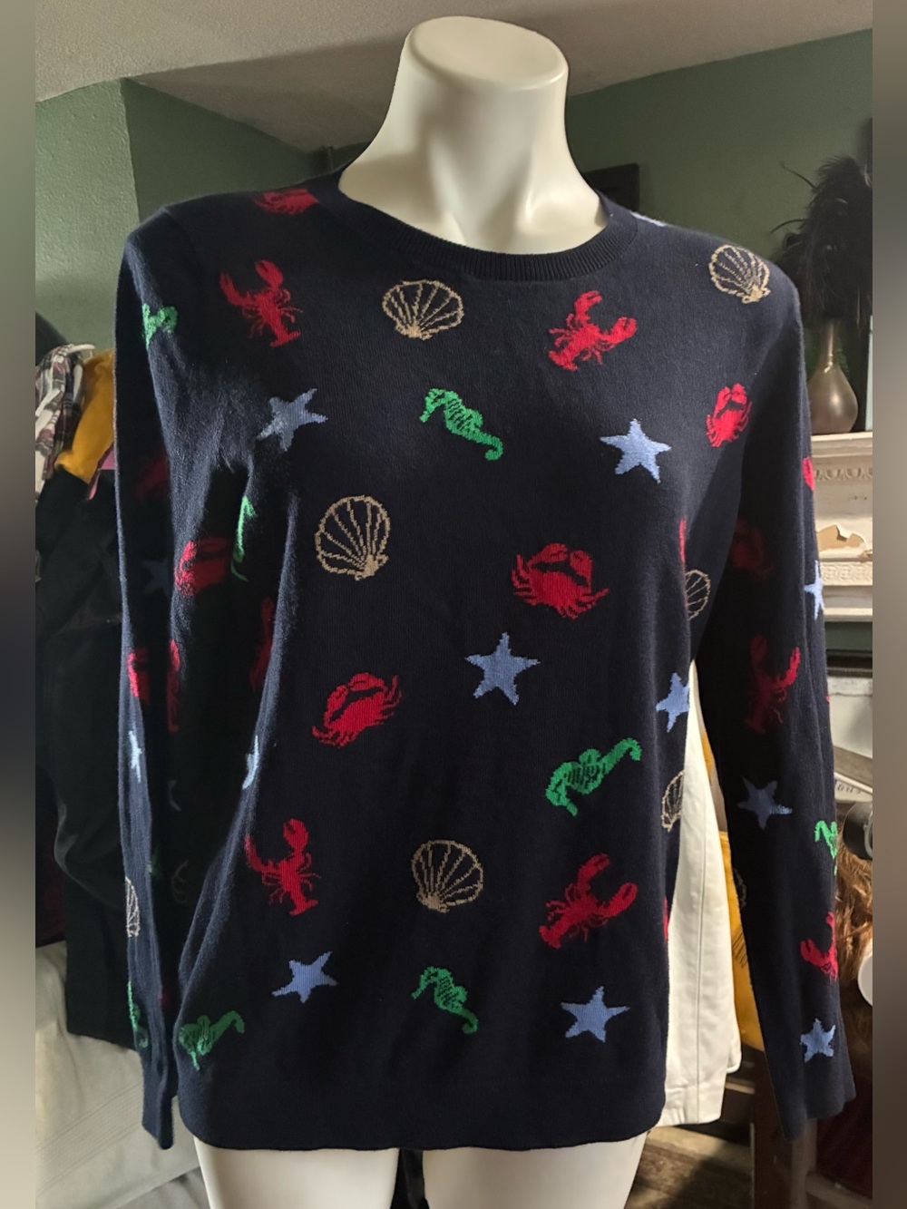 Talbots ‘By the Sea’ Navy Seashell & Crab Crewneck Sweater-EUC XLP